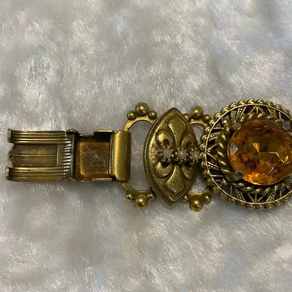 ☘️VTG SELRO Amber Rhinestone & Pearl Book Chain Necklace - Picture 7 of 7